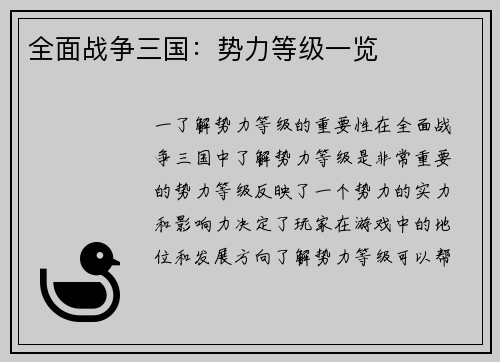 全面战争三国：势力等级一览